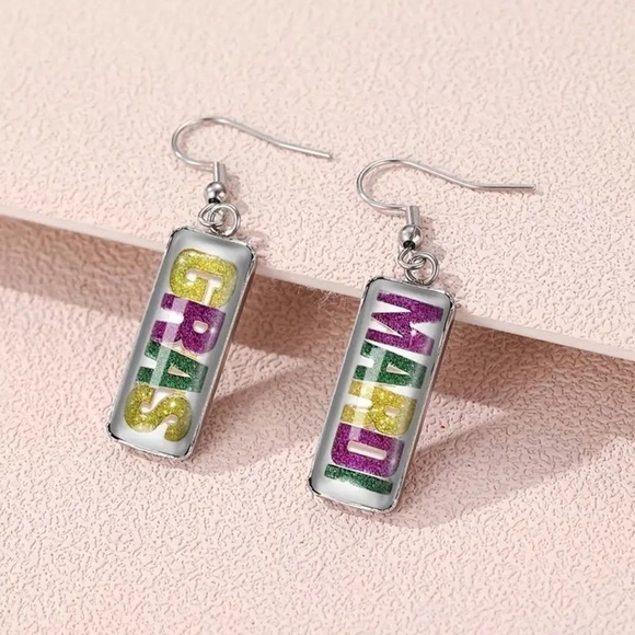Mardi Gras Geometric Dangle Earrings - Picture 2 of 4